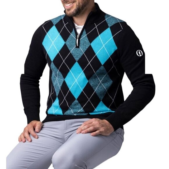 Glenmuir The Open Quarter Zip Argyle Cotton Golf Sweater Black & Purple Size XL - Picture 3 of 9